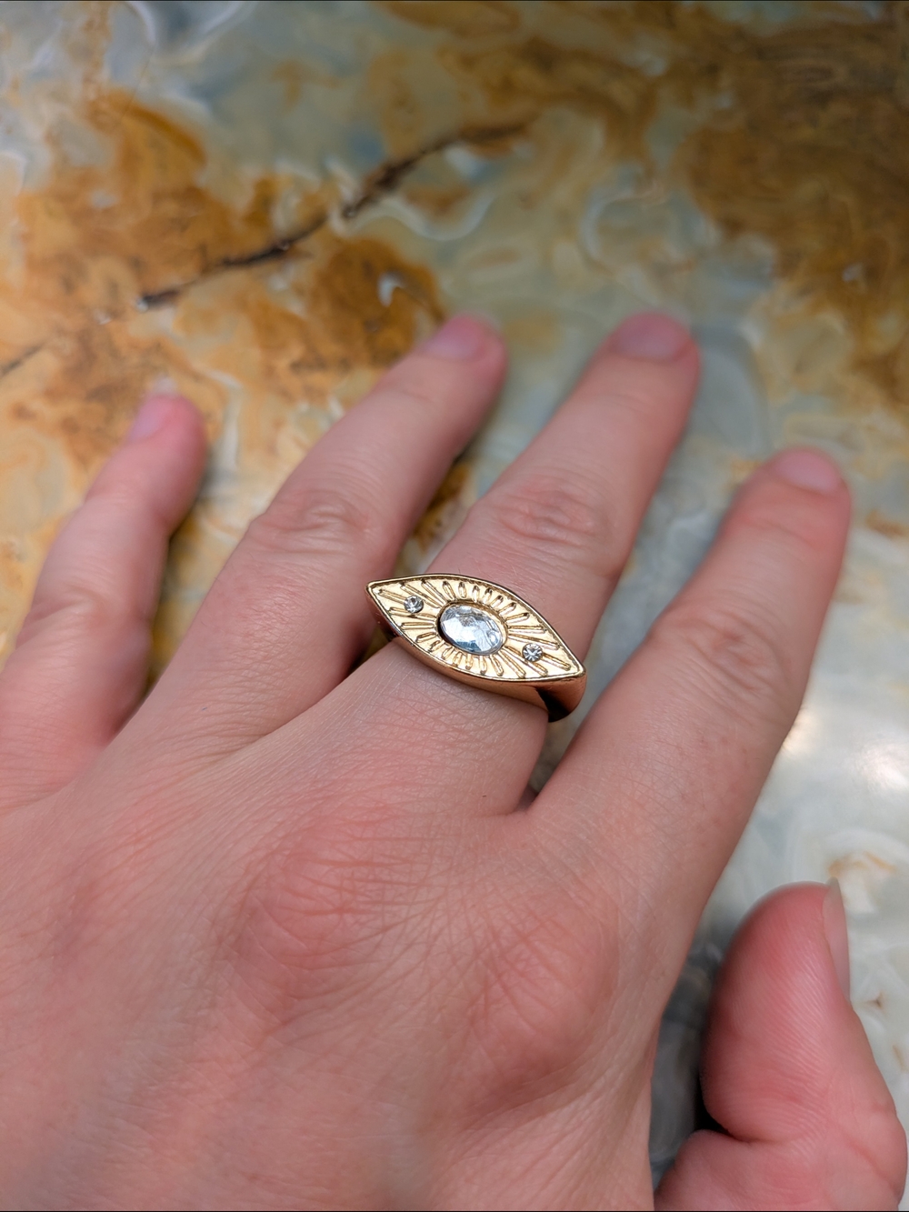 Gold Eye Motif Ring with Clear Stone - Women Jewelry
